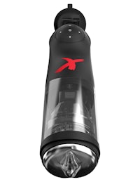 a black bottle with a red logo on it