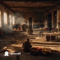 a man sits on a floor in an old building with smoke coming out of it