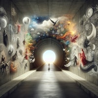 a person walking through a tunnel with many different images on it