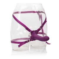 a purple plastic harness with a purple strap