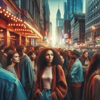 a woman is standing on a street in a city