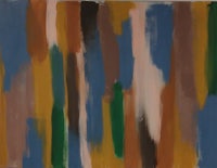 an abstract painting with blue, brown, and yellow stripes