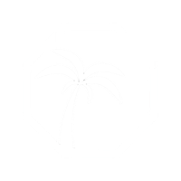 a white logo with a palm tree in the middle