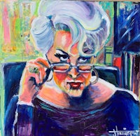 a painting of a woman wearing glasses