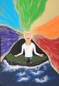 a drawing of a man sitting on an island with a rainbow in his head