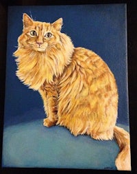 a painting of an orange cat sitting on a blue background