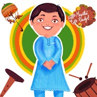 a cartoon illustration of a boy with a drum and other instruments