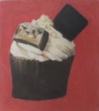 a painting of a cupcake on a red background