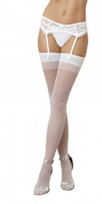 a woman in white stockings posing on a white background