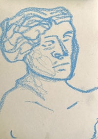 a drawing of a woman with blue crayons
