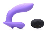 a purple sex toy with a black button