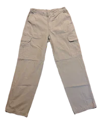 a pair of beige cargo pants on a black background
