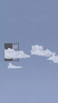 a picture of a room with a window and clouds in the sky