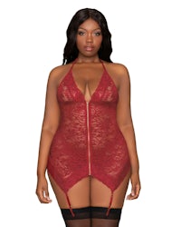 a plus size woman wearing a red lace linger