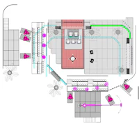 a floor plan of a building with a lot of purple lights