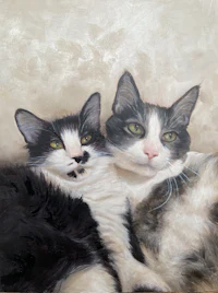 a painting of two cats laying on top of each other