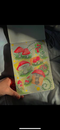 a person holding a notebook with a drawing of mushrooms