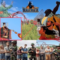 a collage of pictures of people and a roller coaster