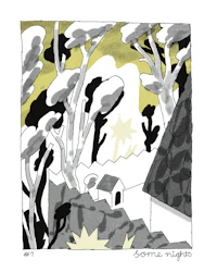 a black and white drawing of a house and trees