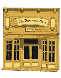 a drawing of a building with a sign on it