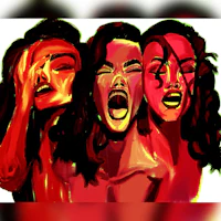 a painting of three women with their mouths open