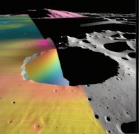 an image of the moon with a rainbow colored crater
