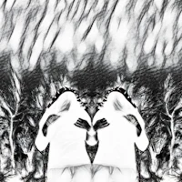 a black and white photo of two people standing in front of trees