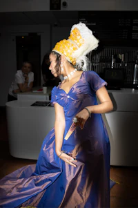 a woman in a blue dress