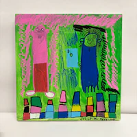 a painting of a girl and a boy in pink and green