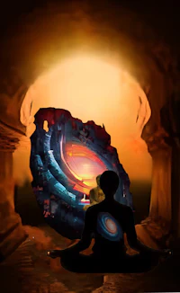 a man sitting in a cave with a sun behind him