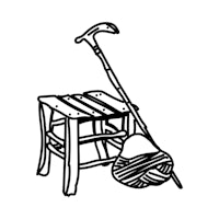 a black and white drawing of a stool with yarn and a rake
