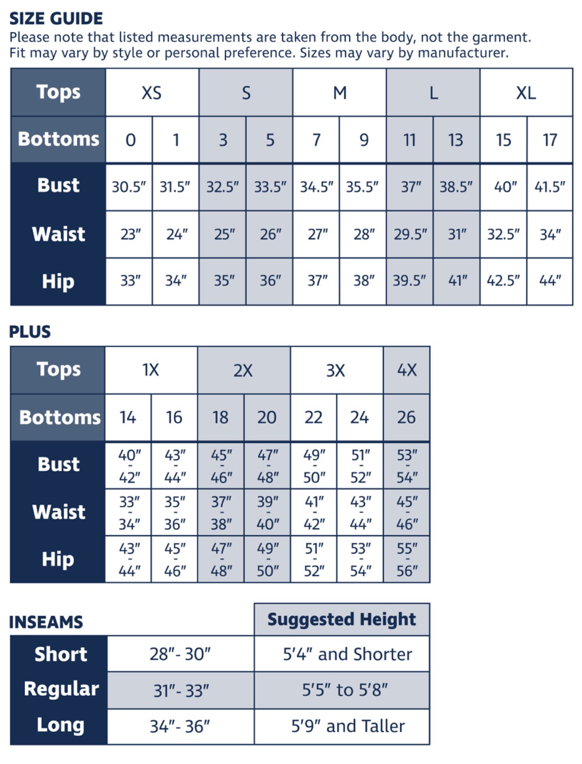 2x Jeans Size Chart