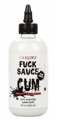 a bottle of fuck sauce cum on a white background