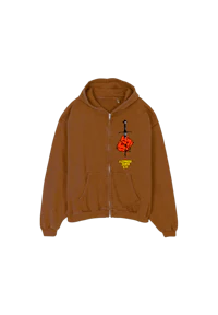 a brown hoodie with an image of a fist on it