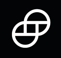 a white logo with two circles on a black background