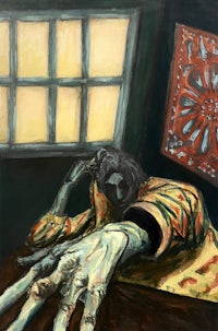 a painting of a hand reaching out of a window