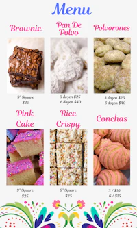 a menu with different types of desserts
