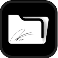 a black and white folder icon with a handwritten signature