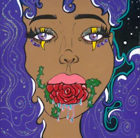 a painting of a woman with purple hair and a rose in her mouth