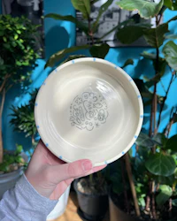 a person holding up a bowl with a design on it