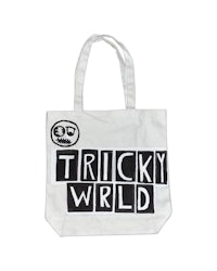 a white tote bag with the word tricky world on it