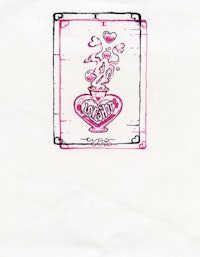 a drawing of a pink vase with hearts on it