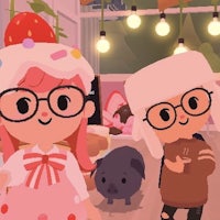 a girl and a boy in glasses are standing in a living room