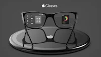 a pair of glasses on a stand with an apple logo