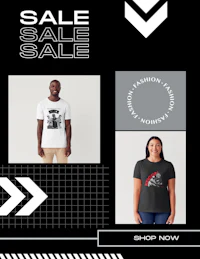 a black and white t - shirt with the words sale