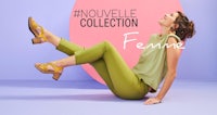 a woman laying on her back with the words nouvelle collection femelle