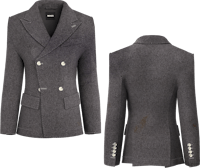 a grey blazer with buttons on the front and back