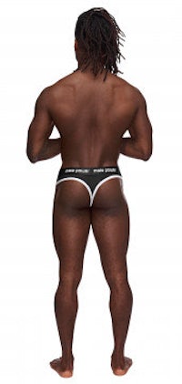 the back view of a man wearing a black thong