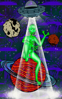 a green alien sitting on top of a planet