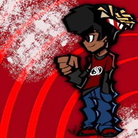 a cartoon character with a red background